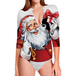 Cartoon Santa Claus Print Long Sleeve Swimsuit