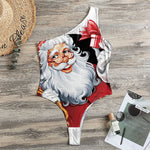Cartoon Santa Claus Print One Shoulder Bodysuit