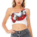 Cartoon Santa Claus Print One Shoulder Crop Top