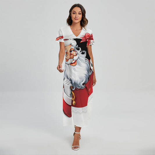 Cartoon Santa Claus Print Short Sleeve Maxi Dress