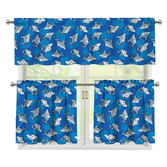 Cartoon Shark Pattern Print 3 Piece Kitchen Curtains