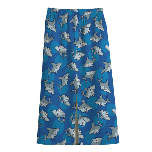 Cartoon Shark Pattern Print Cotton Front Slit Maxi Skirt