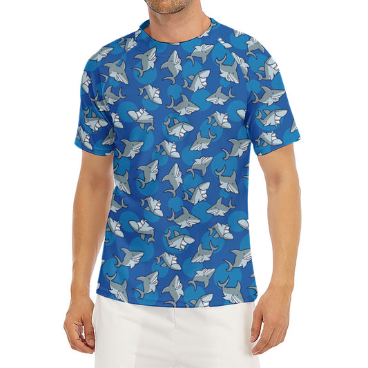 Cartoon Shark Pattern Print Men's Short Sleeve Rash Guard