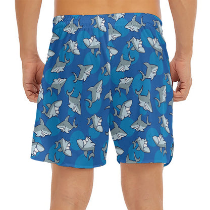 Cartoon Shark Pattern Print Men's Split Running Shorts