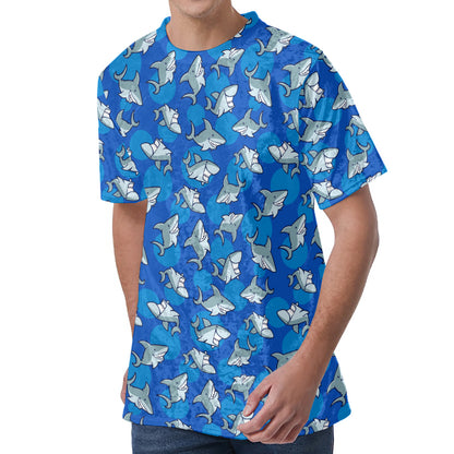 Cartoon Shark Pattern Print Men's Velvet T-Shirt