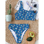 Cartoon Shark Pattern Print One Shoulder Bikini Top