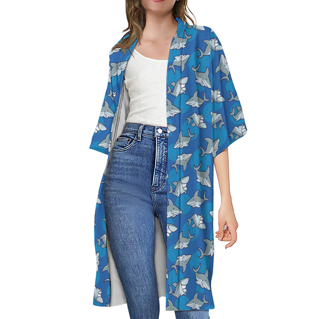 Cartoon Shark Pattern Print Open Front Beach Cover Up