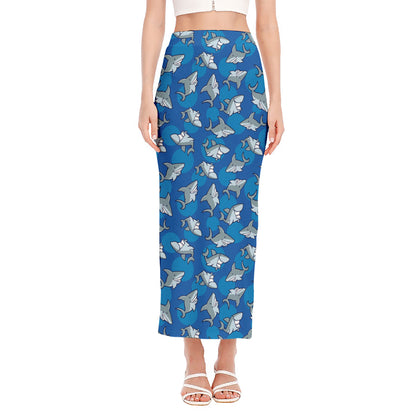 Cartoon Shark Pattern Print Side Slit Maxi Skirt