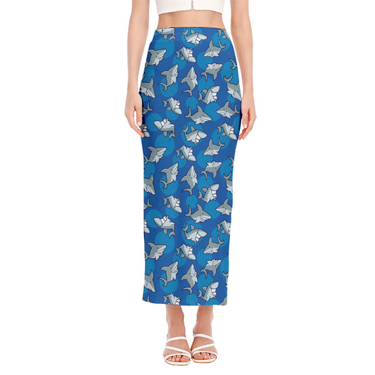 Cartoon Shark Pattern Print Side Slit Maxi Skirt