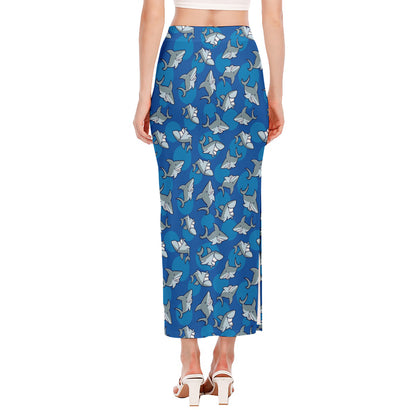Cartoon Shark Pattern Print Side Slit Maxi Skirt