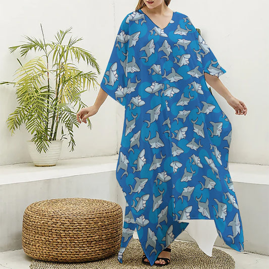 Cartoon Shark Pattern Print Silk V-Neck Kaftan Dress