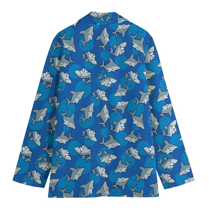 Cartoon Shark Pattern Print Women's Blazer