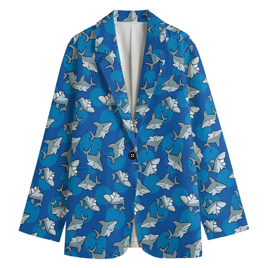 Cartoon Shark Pattern Print Women's Cotton Blazer
