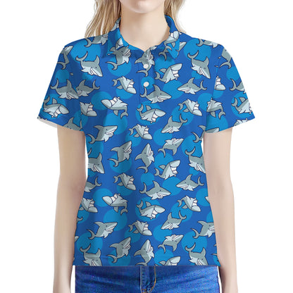 Cartoon Shark Pattern Print Women's Polo Shirt
