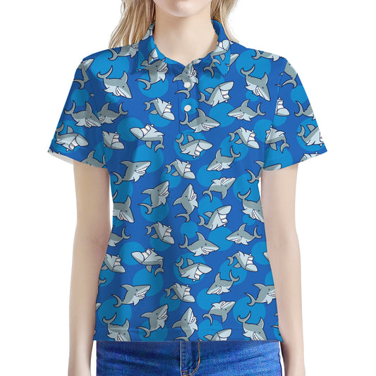 Cartoon Shark Pattern Print Women's Polo Shirt