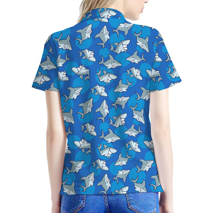 Cartoon Shark Pattern Print Women's Polo Shirt