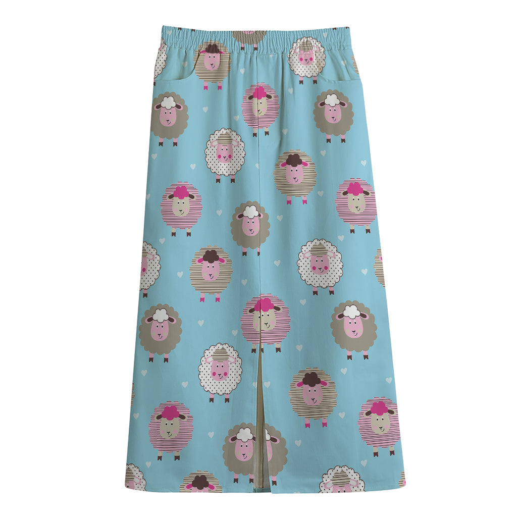 Cartoon Sheep Pattern Print Cotton Front Slit Maxi Skirt