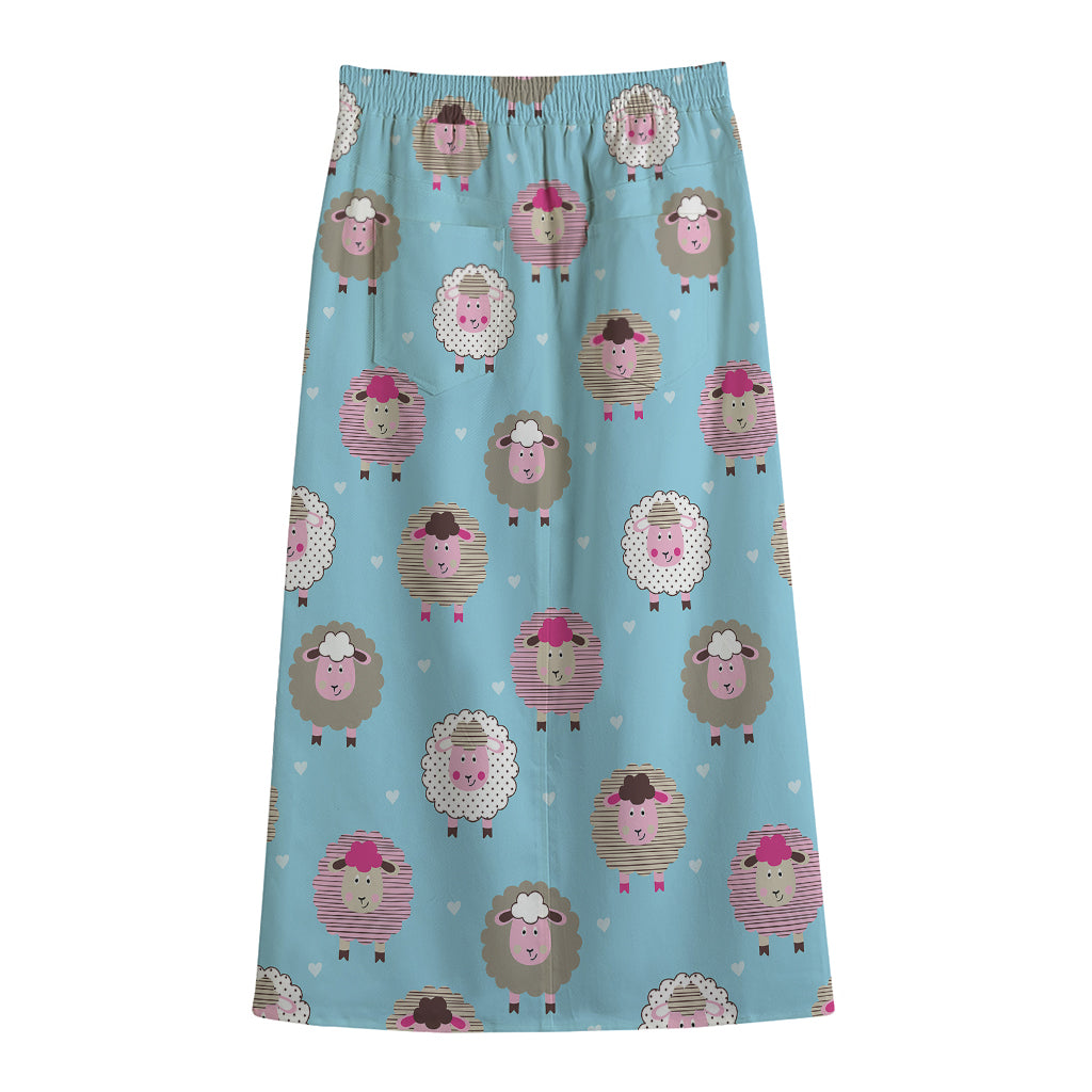 Cartoon Sheep Pattern Print Cotton Front Slit Maxi Skirt