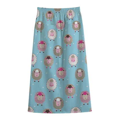 Cartoon Sheep Pattern Print Cotton Front Slit Maxi Skirt