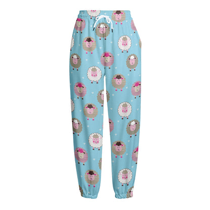 Cartoon Sheep Pattern Print Fleece Lined Knit Pants