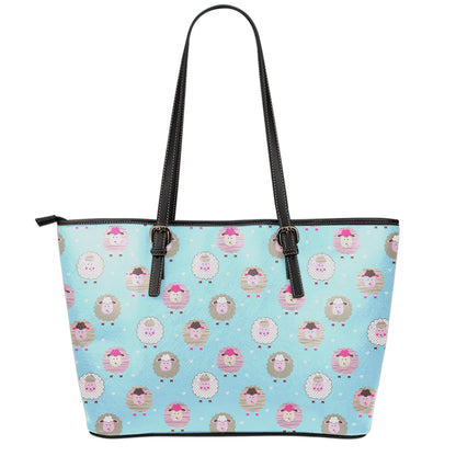 Cartoon Sheep Pattern Print Leather Tote Bag