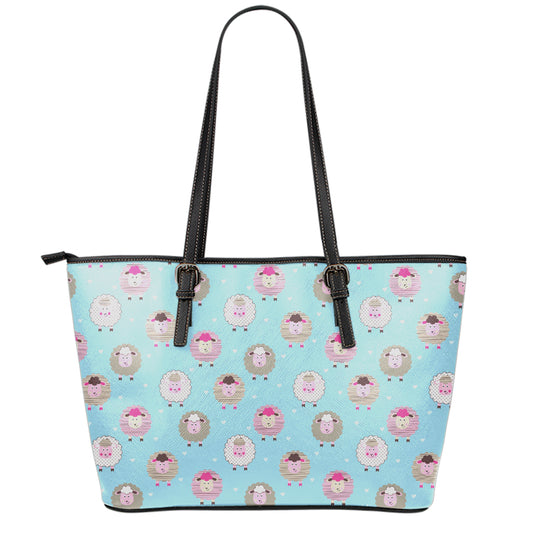 Cartoon Sheep Pattern Print Leather Tote Bag