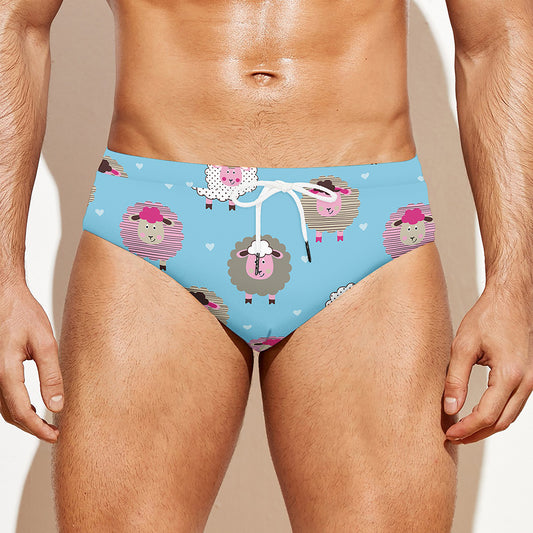 Cartoon Sheep Pattern Print Men's Swim Briefs