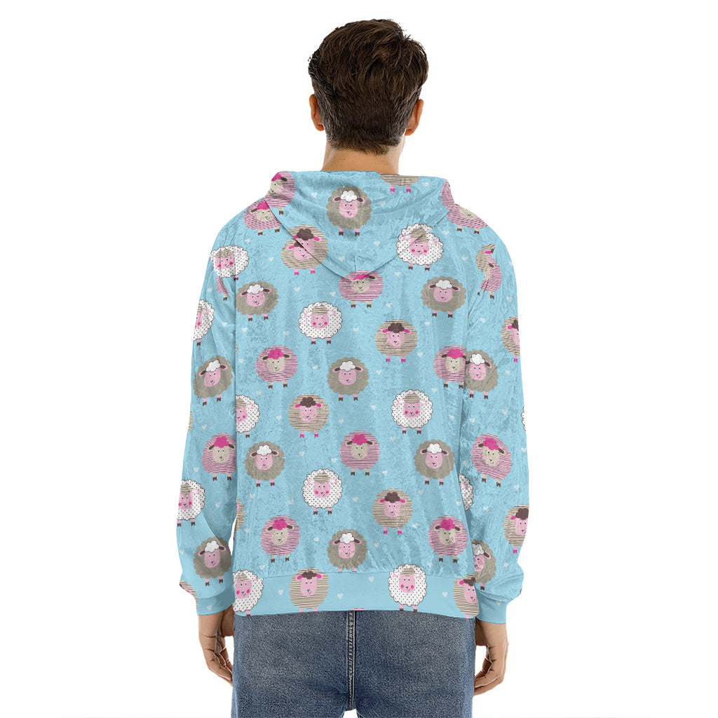 Cartoon Sheep Pattern Print Men's Velvet Pullover Hoodie
