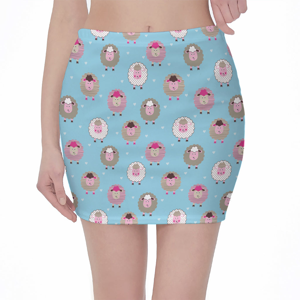 Cartoon Sheep Pattern Print Pencil Mini Skirt