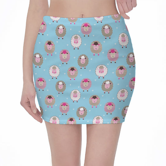 Cartoon Sheep Pattern Print Pencil Mini Skirt