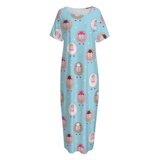 Cartoon Sheep Pattern Print Short Sleeve Long Nightdress
