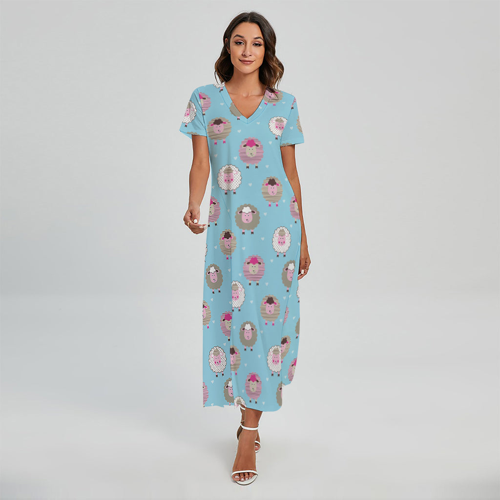 Cartoon Sheep Pattern Print Short Sleeve Maxi Dress