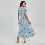 Cartoon Sheep Pattern Print Short Sleeve Maxi Dress