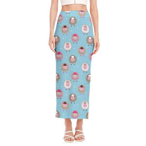 Cartoon Sheep Pattern Print Side Slit Maxi Skirt