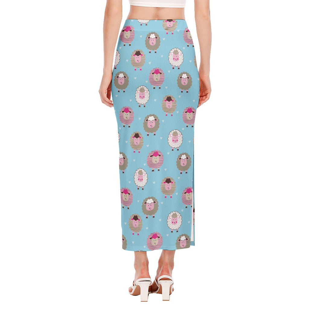 Cartoon Sheep Pattern Print Side Slit Maxi Skirt