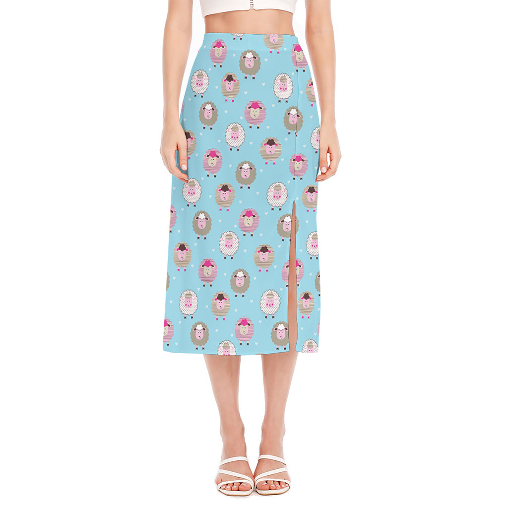 Cartoon Sheep Pattern Print Side Slit Midi Skirt