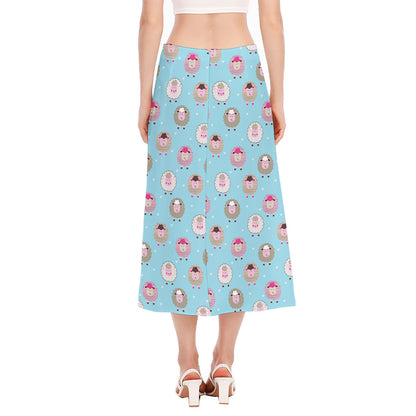 Cartoon Sheep Pattern Print Side Slit Midi Skirt