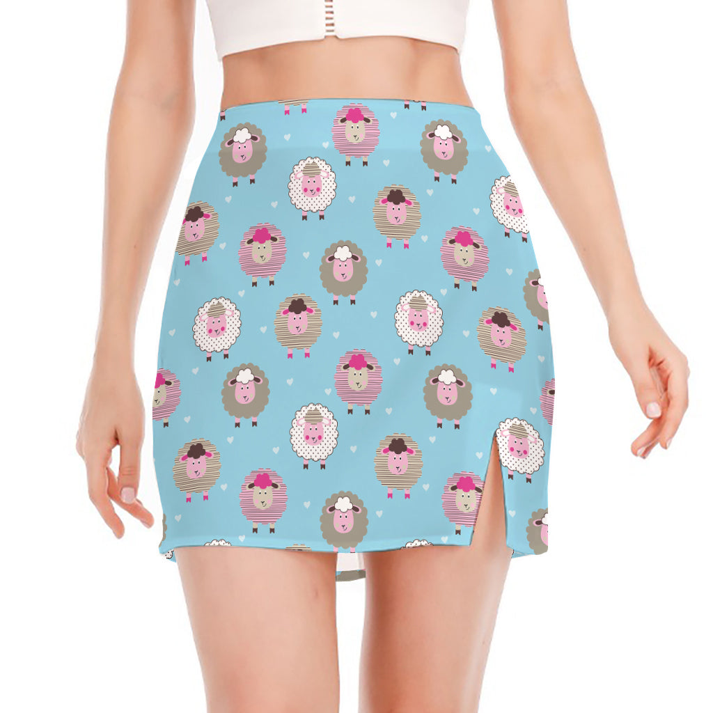 Cartoon Sheep Pattern Print Side Slit Mini Skirt