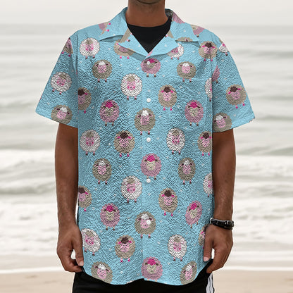 Cartoon Sheep Pattern Print Textured Short Sleeve Shirt