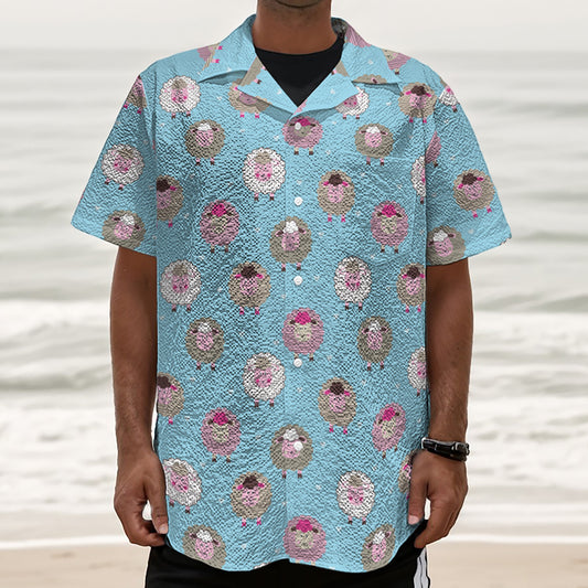 Cartoon Sheep Pattern Print Textured Short Sleeve Shirt