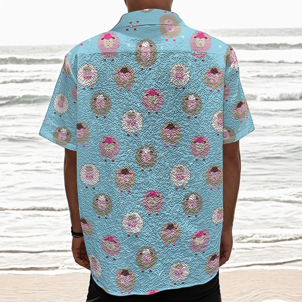 Cartoon Sheep Pattern Print Textured Short Sleeve Shirt