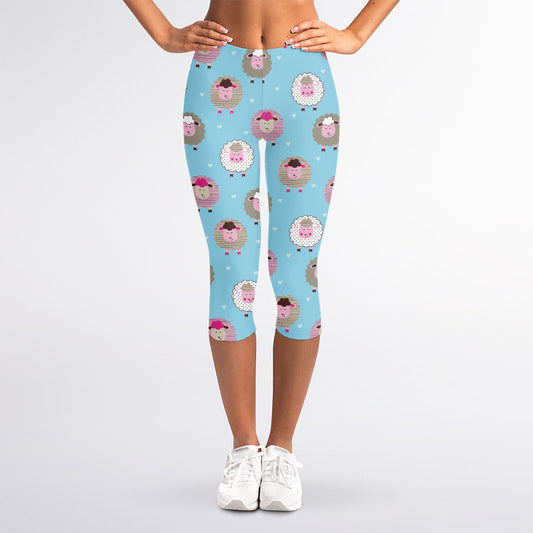 Cartoon Sheep Pattern Print Women's Capri Leggings