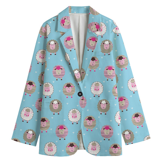 Cartoon Sheep Pattern Print Women's Cotton Blazer