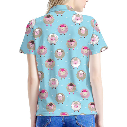 Cartoon Sheep Pattern Print Women's Polo Shirt