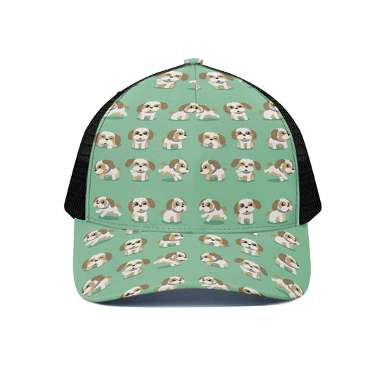 Cartoon Shih Tzu Pattern Print Black Mesh Trucker Cap