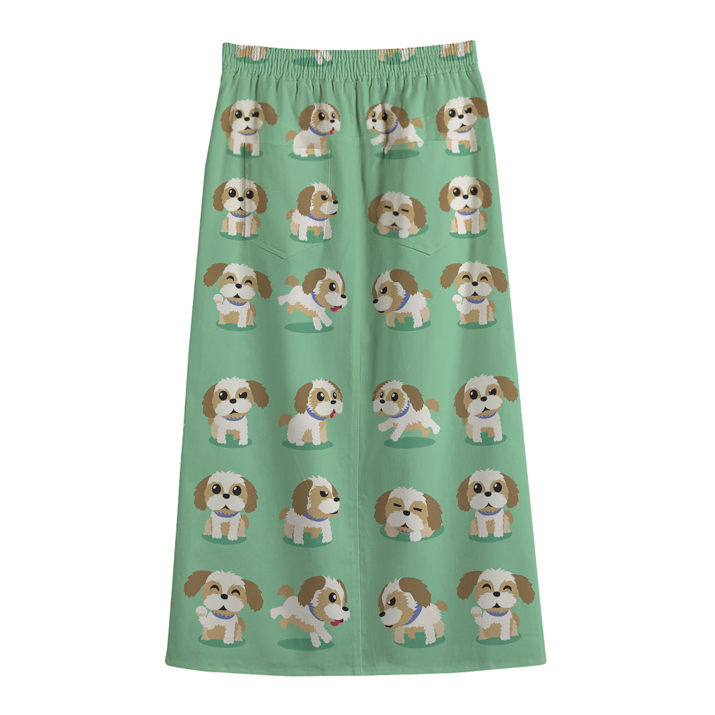 Cartoon Shih Tzu Pattern Print Cotton Front Slit Maxi Skirt
