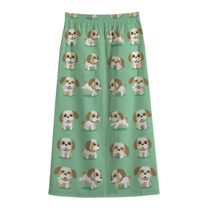 Cartoon Shih Tzu Pattern Print Cotton Front Slit Maxi Skirt
