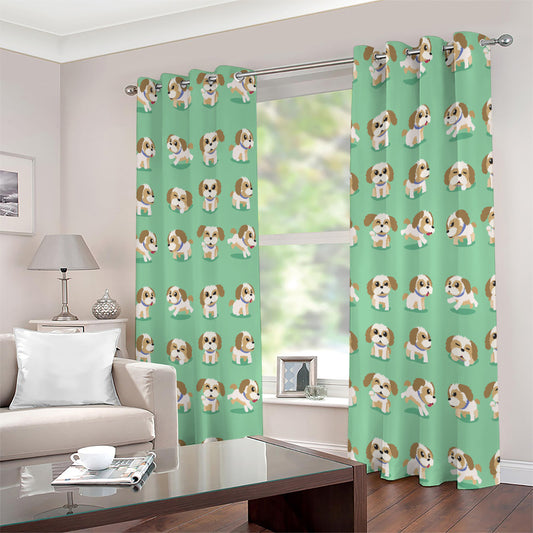 Cartoon Shih Tzu Pattern Print Extra Wide Grommet Curtains