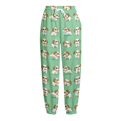 Cartoon Shih Tzu Pattern Print Fleece Lined Knit Pants