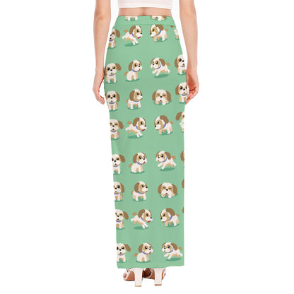 Cartoon Shih Tzu Pattern Print High Slit Maxi Skirt